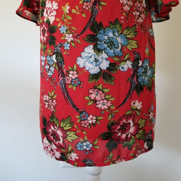 City Streets Red Floral Parrot Tropical Bell Dress - Picture 5 of 6